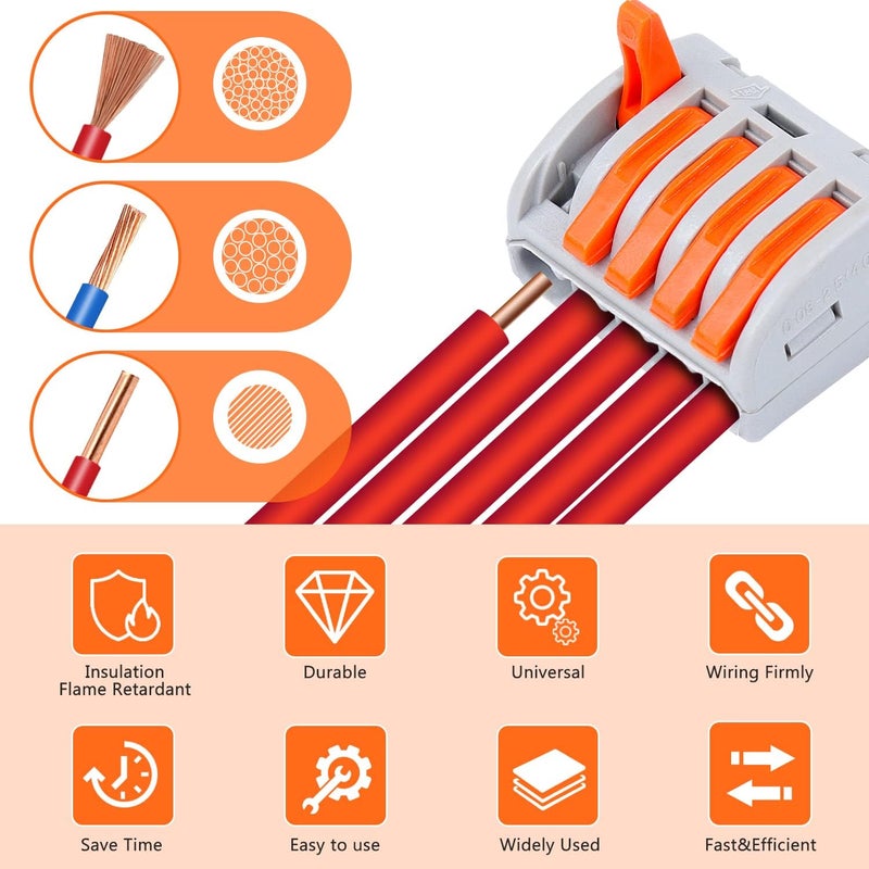 Delgada 165pcs Lever Wire Connectors Nuts 2/3/4/5 Port Compact Quick Splicing Electrical Connectors Kit for Stranded Solid and Flexible Wires - Image 4